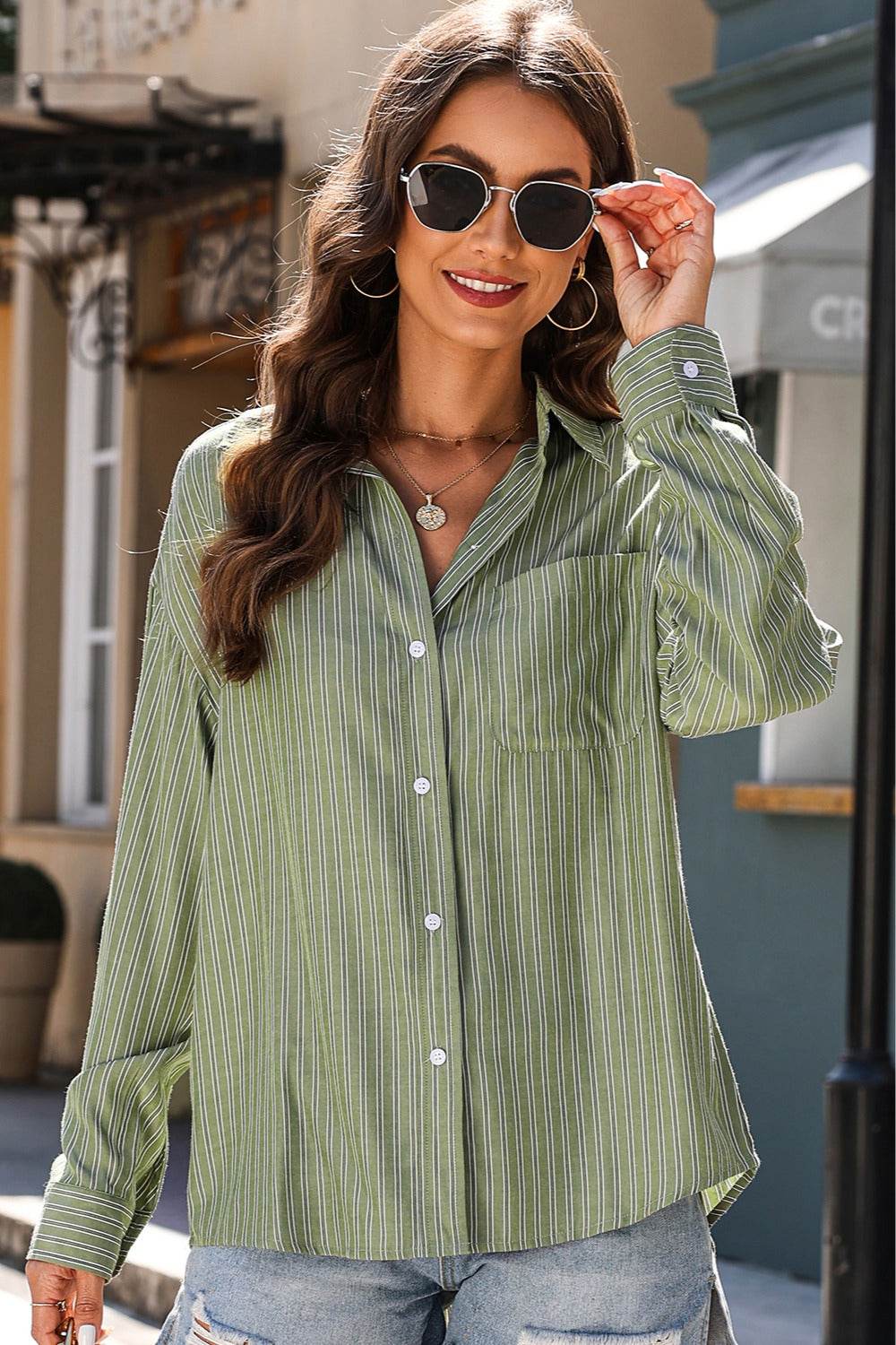 Striped Button Up Long Sleeve Shirt - Selvanelle