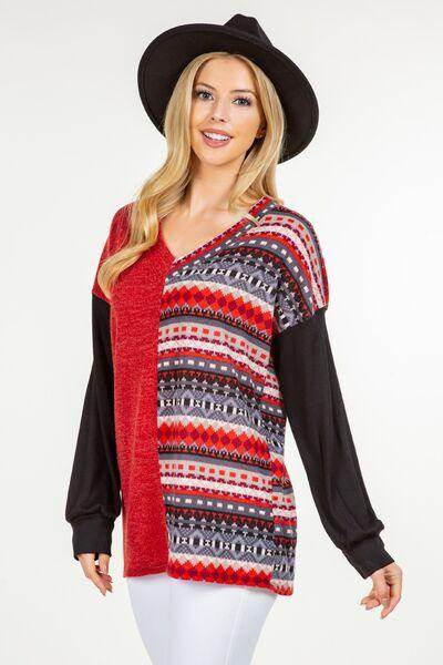 Celeste Full Size Contrast Geometric V-Neck Blouse - Selvanelle