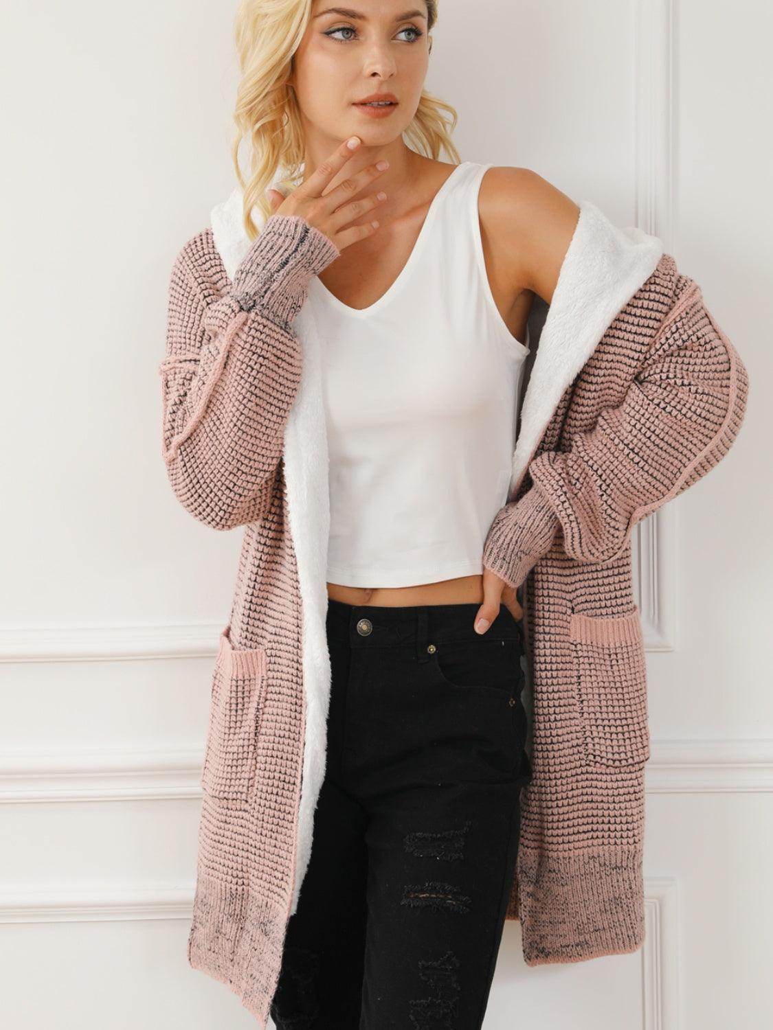 Open Front Hooded Winter Coat with Pockets for Women - Selvanelle