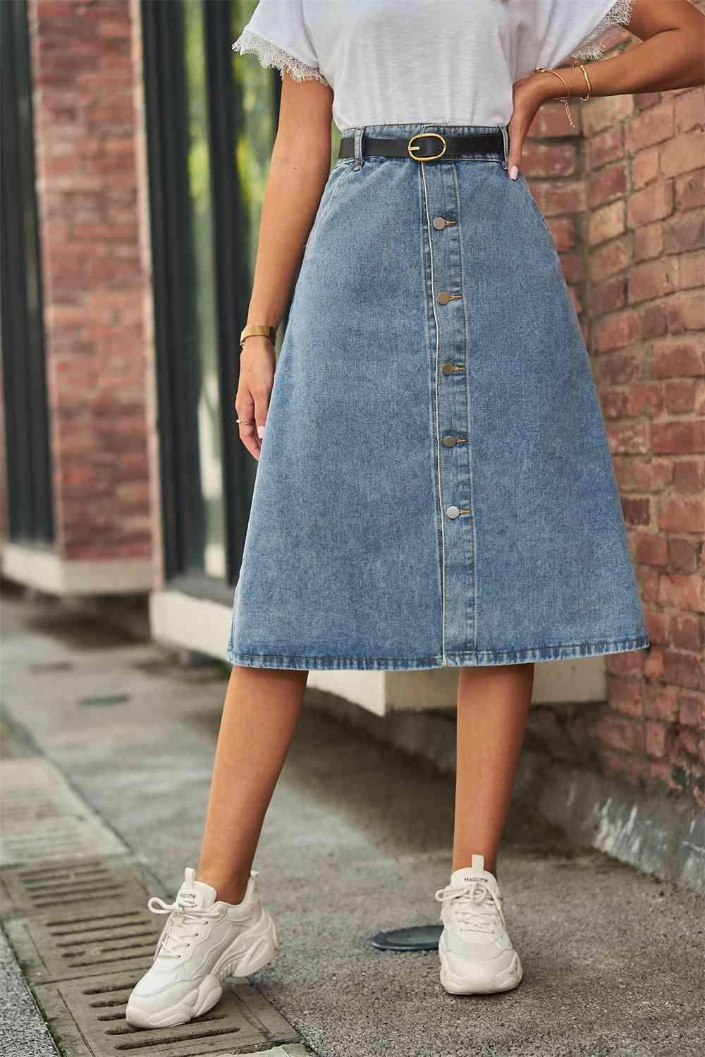 Button Front A-Line Denim Skirt for Casual Style Wear - Selvanelle