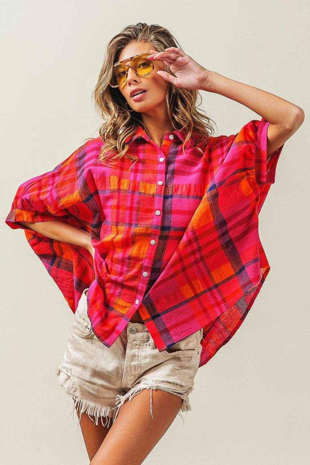 BiBi Button Up Dolman Sleeve Plaid Shirt for Women - Selvanelle