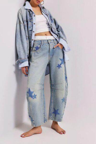 Contrast Star Wide Leg Jeans for Stylish Casual Wear - Selvanelle