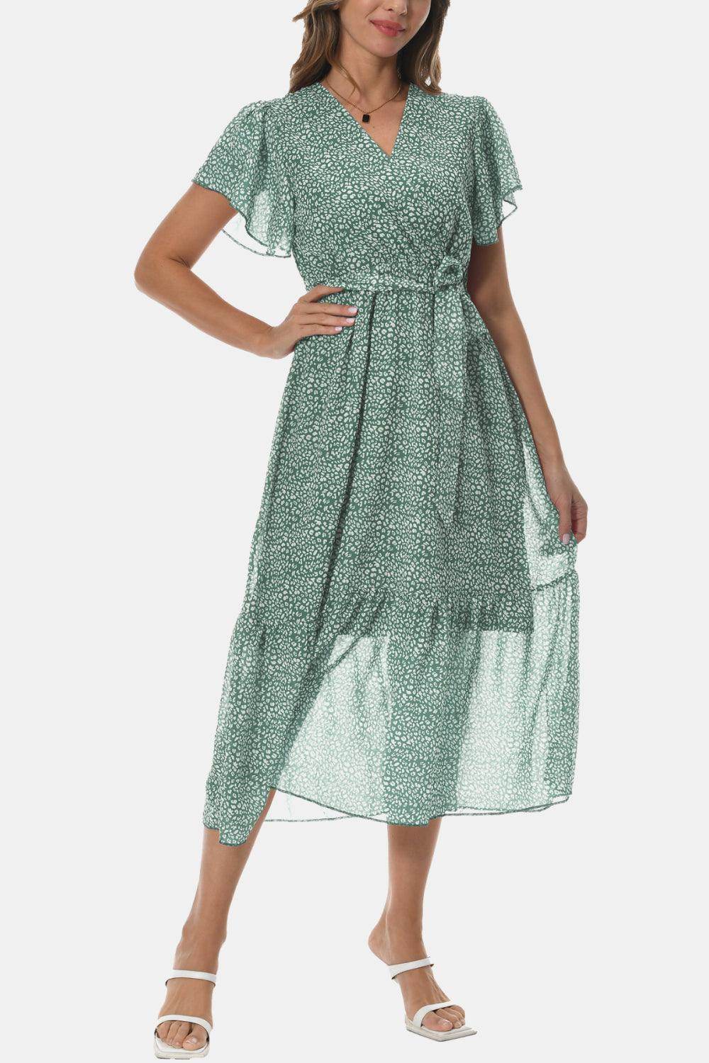 Surplice Neck Flutter Sleeve Tied Dress for Chic Style - Selvanelle
