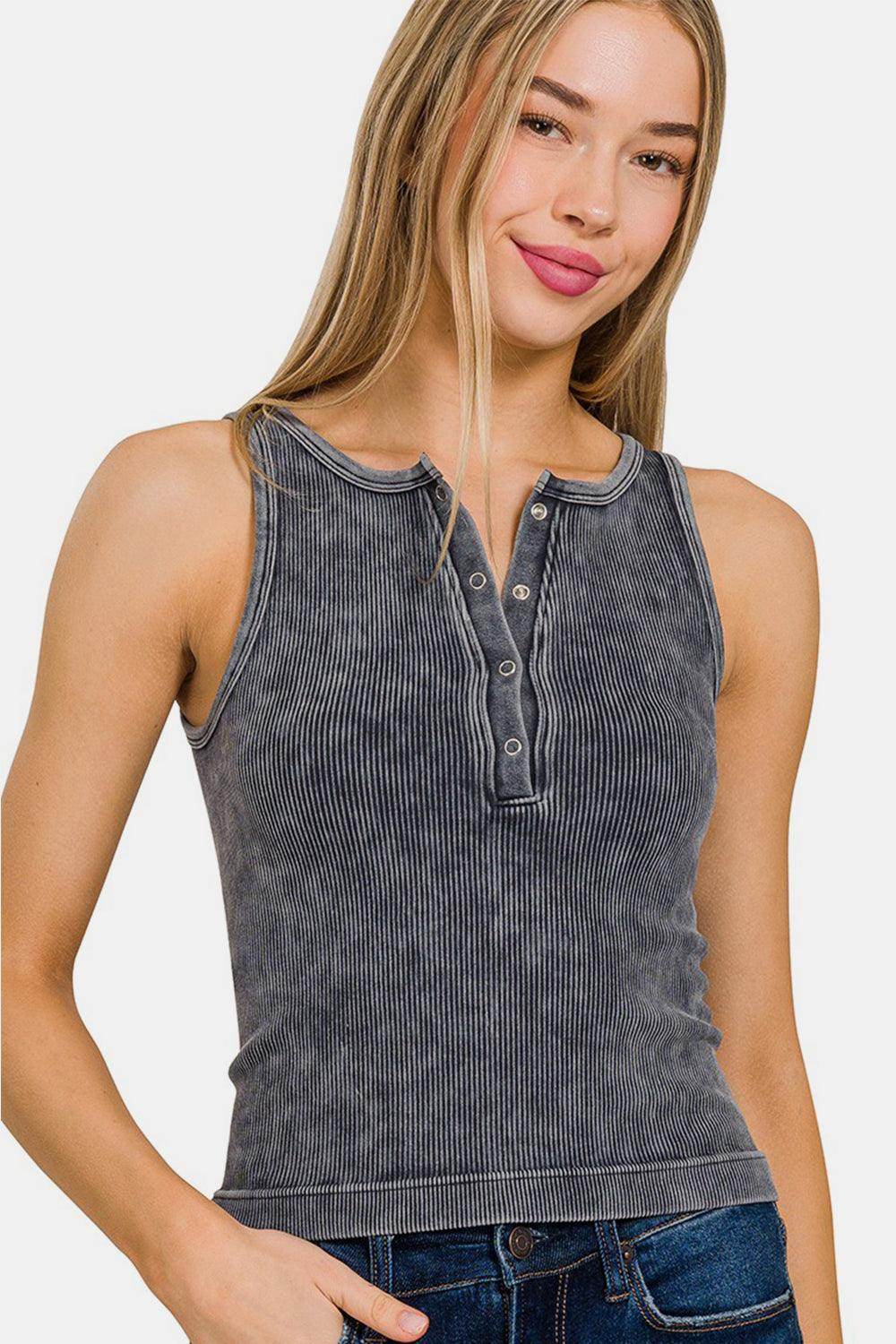 Zenana Washed Ribbed Half Snap Seamless Tank Top for Women - Selvanelle