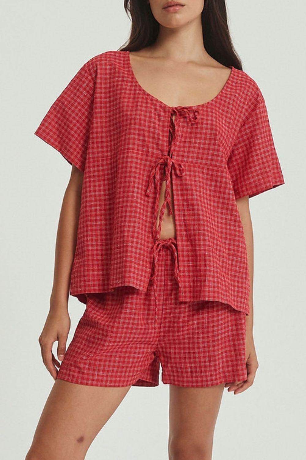 Plaid Tied Scoop Neck Short Sleeve Top and Drawstring Shorts Set - Selvanelle