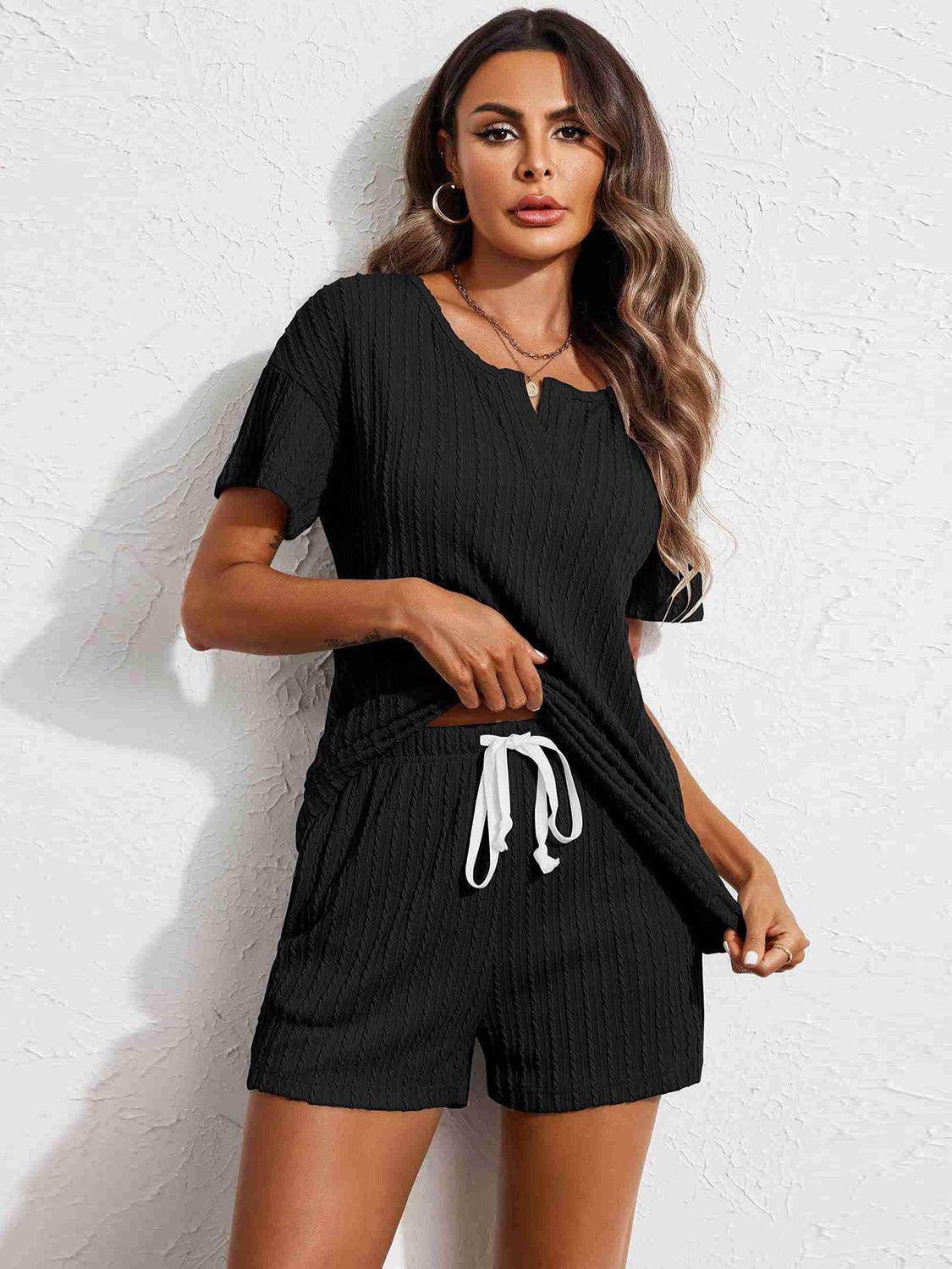 Notched Short Sleeve Top and Shorts Set for Women - Selvanelle