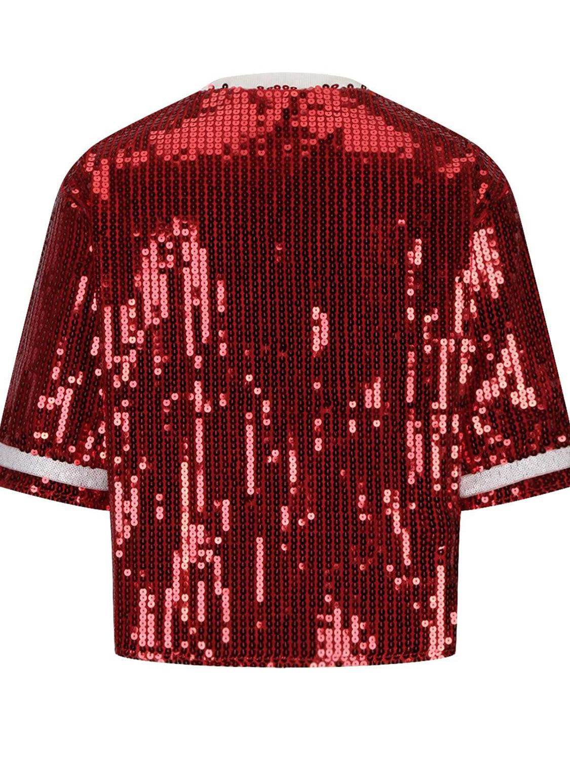 Sequin Football Round Neck Half Sleeve Top for Women - Selvanelle