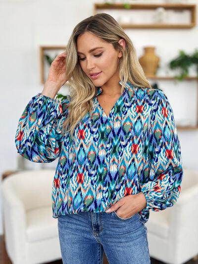 Double Take Full Size Printed Balloon Sleeve Blouse for Women - Selvanelle