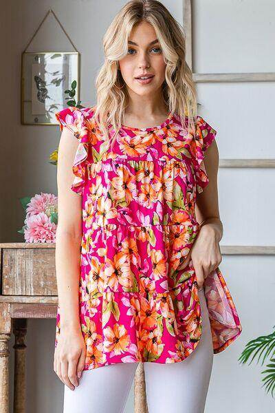 Heimish Full Size Butterfly Sleeve Floral Tiered Top Plus Size - Selvanelle