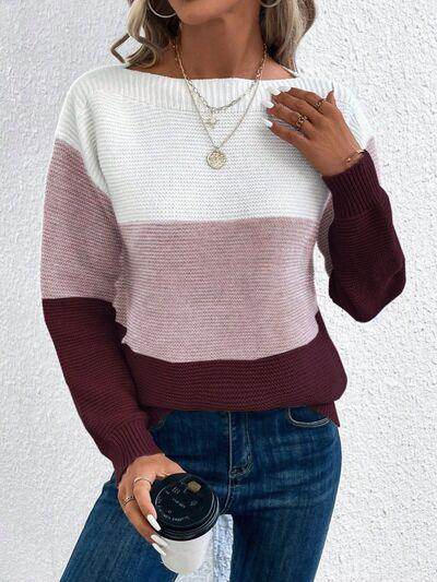 Color Block Boat Neck Sweater for Stylish Layering - Selvanelle