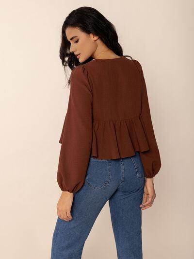 Peplum Tied V-Neck Long Sleeve Blouse for Women - Selvanelle