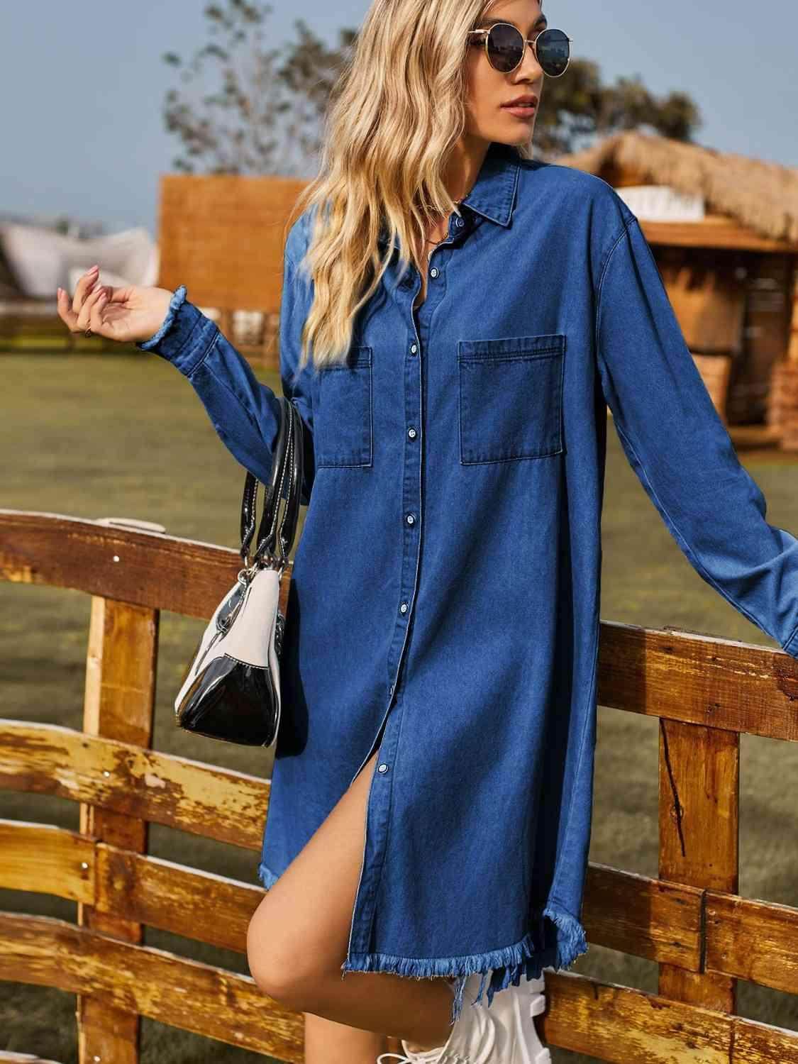 Button Up Collared Neck Raw Hem Denim Dress for Women - Selvanelle
