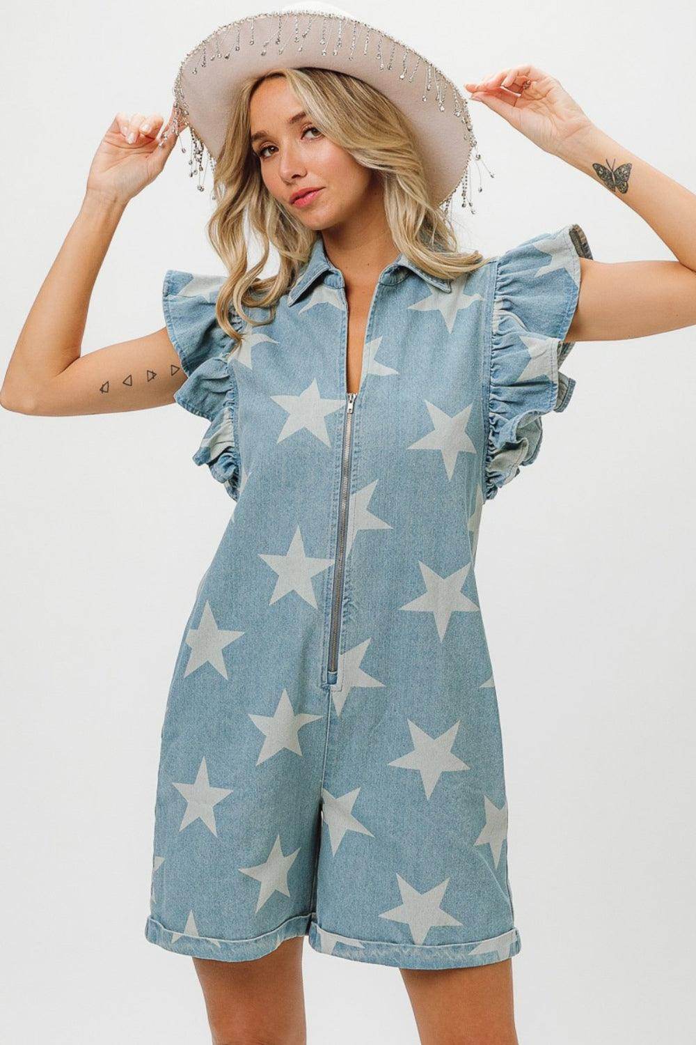 BiBi Ruffled Star Half Zip Denim Romper for Casual Style - Selvanelle