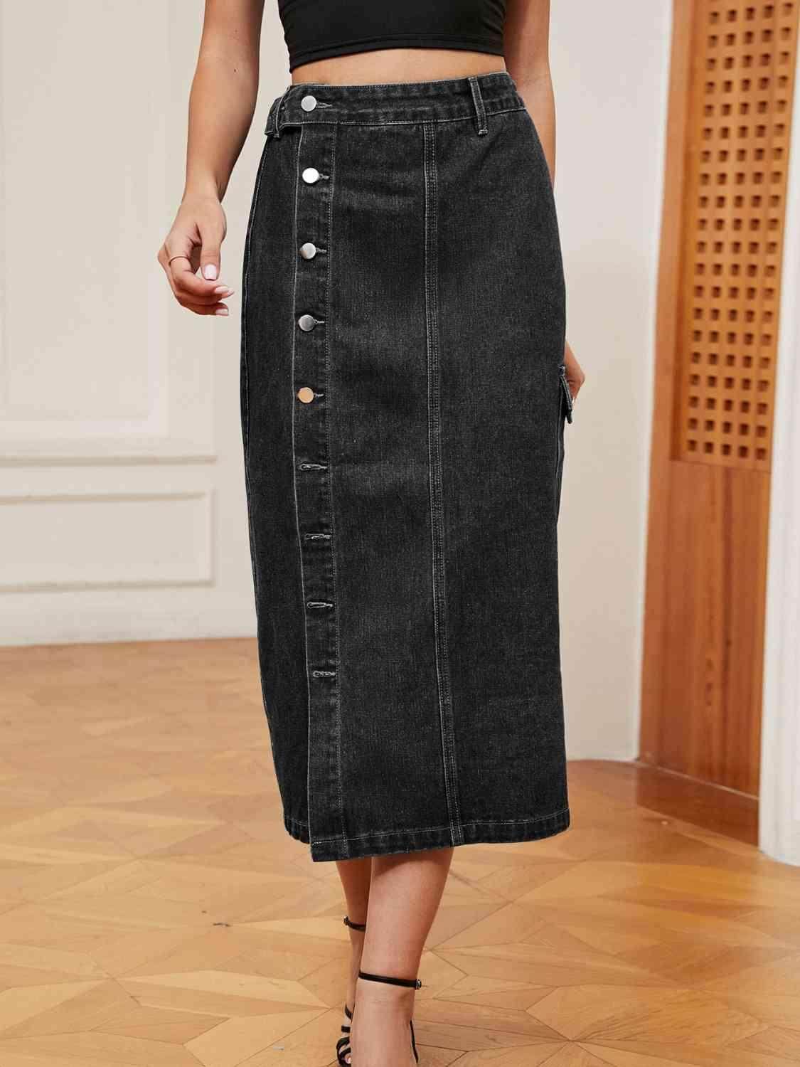 Button Down Midi Denim Skirt with Pockets and Button Detail - Selvanelle