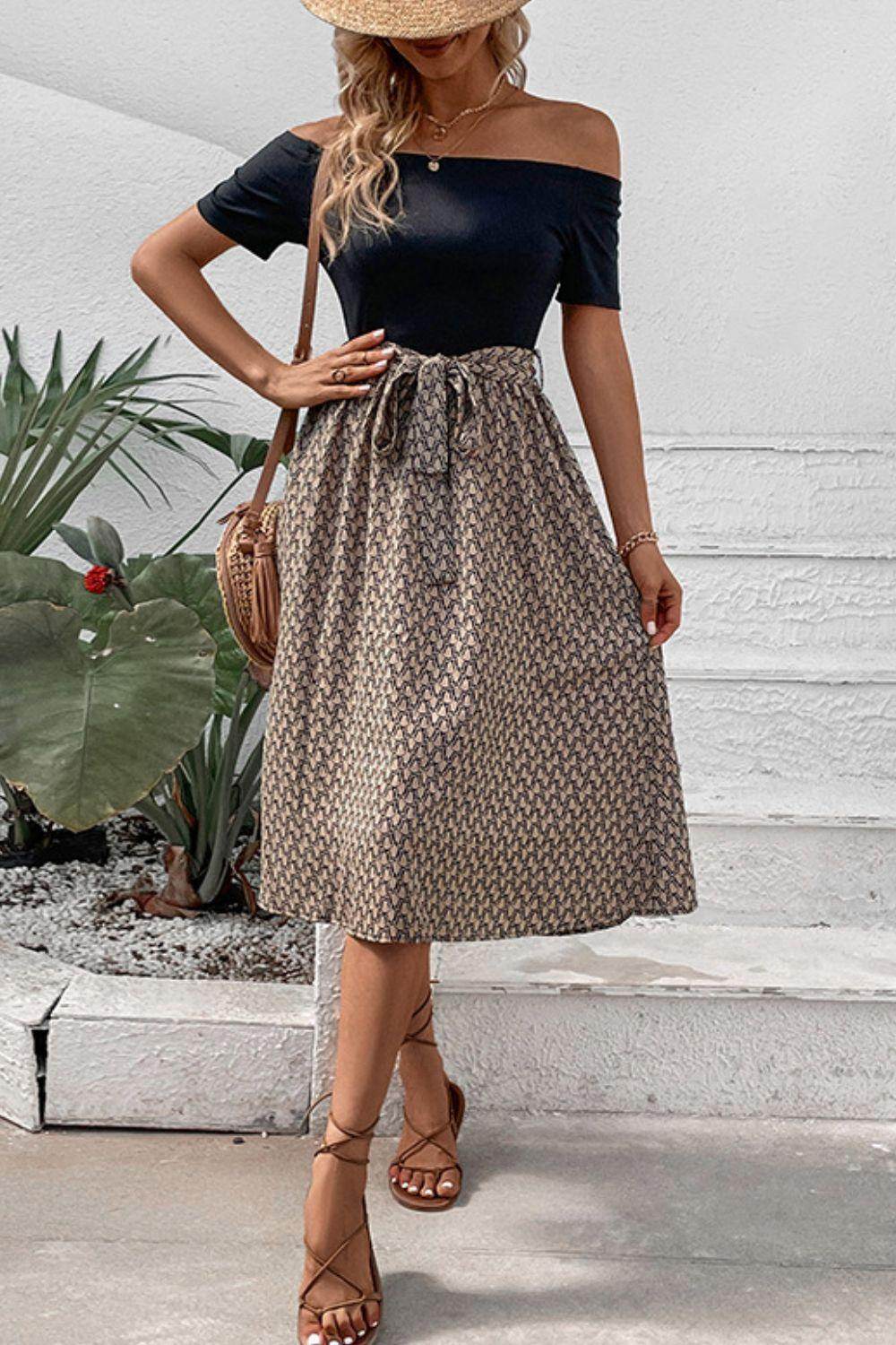 Perfee Printed Tie Belt Off-Shoulder Dress for Women - Selvanelle