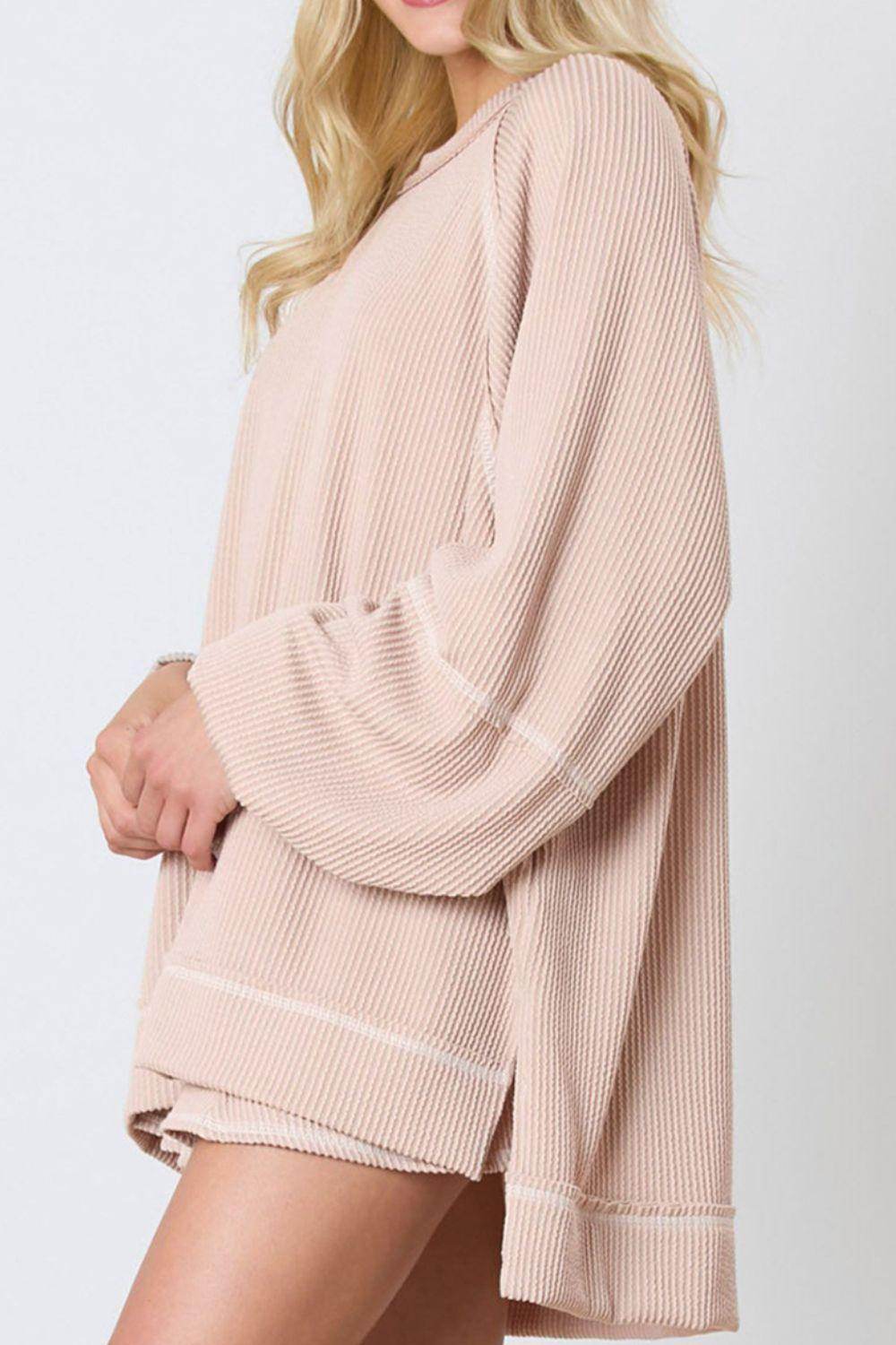 Texture Round Neck Long Sleeve Top and Skirt Set for Women - Selvanelle