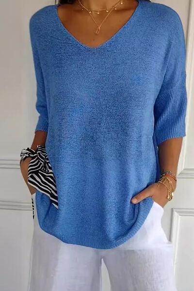 V-Neck Three-Quarter Sleeve Knit Top for Women Fashion - Selvanelle