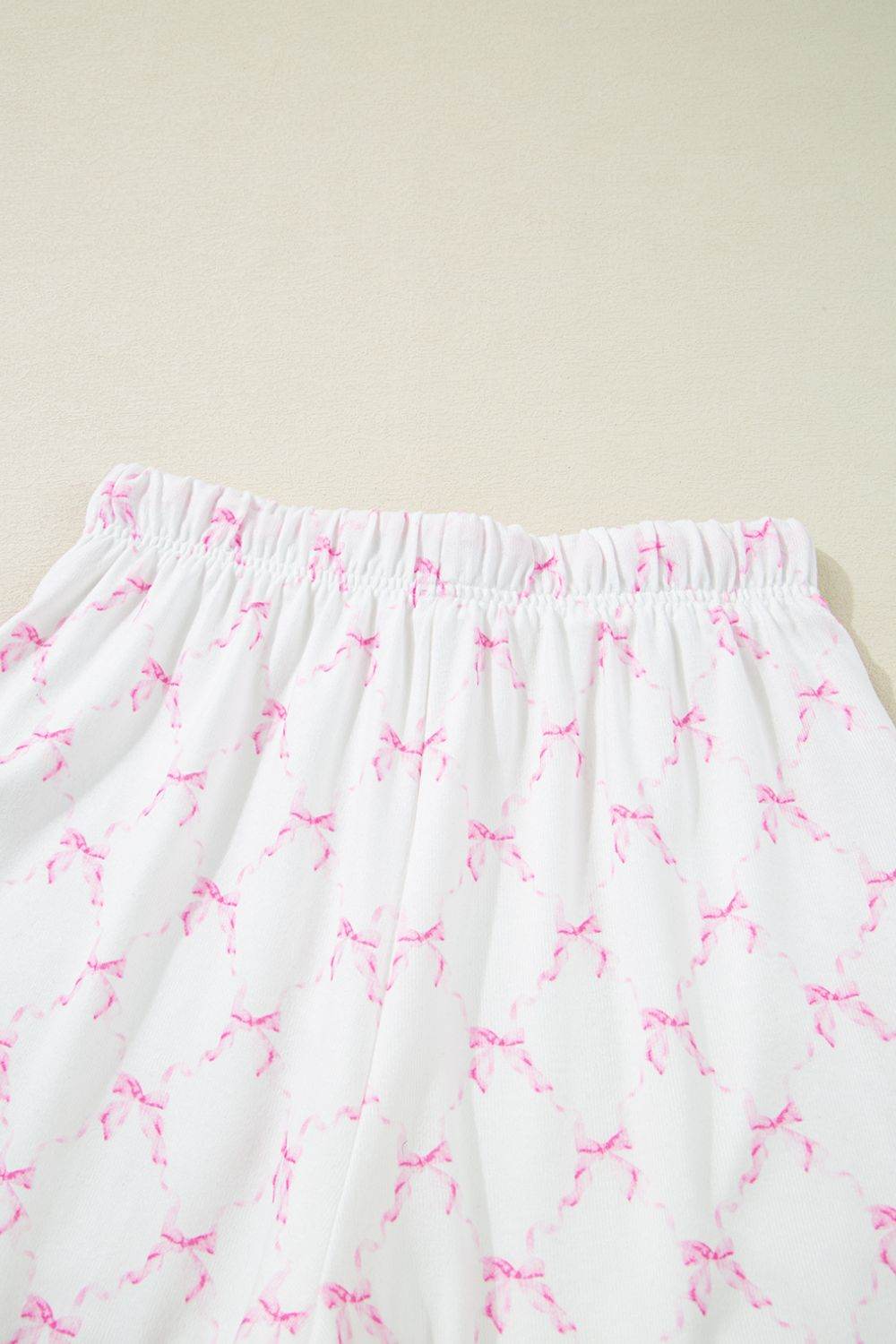 Bow Print Lettuce Trim Round Neck Top and Shorts Lounge Set - Selvanelle