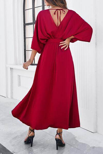 Devine Slit Tied V-Neck Three-Quarter Sleeve Dress for Women - Selvanelle