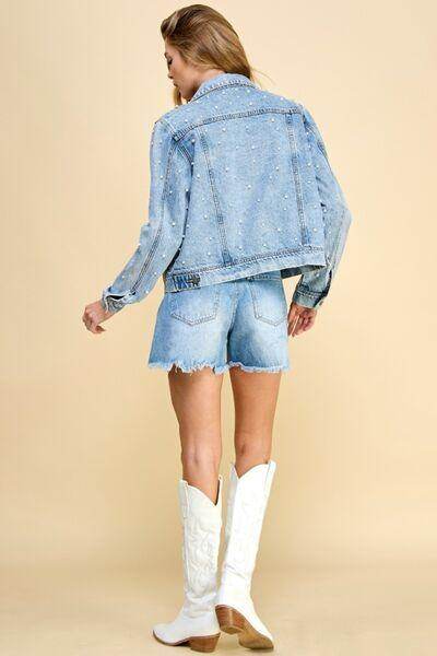 Veveret Button Up Pearl Detail Long Sleeve Denim Jacket - Selvanelle