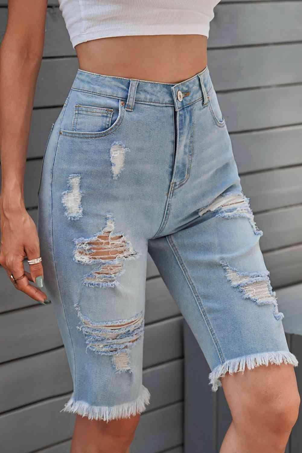 Distressed Raw Hem Denim Bermuda Shorts for Casual Style - Selvanelle