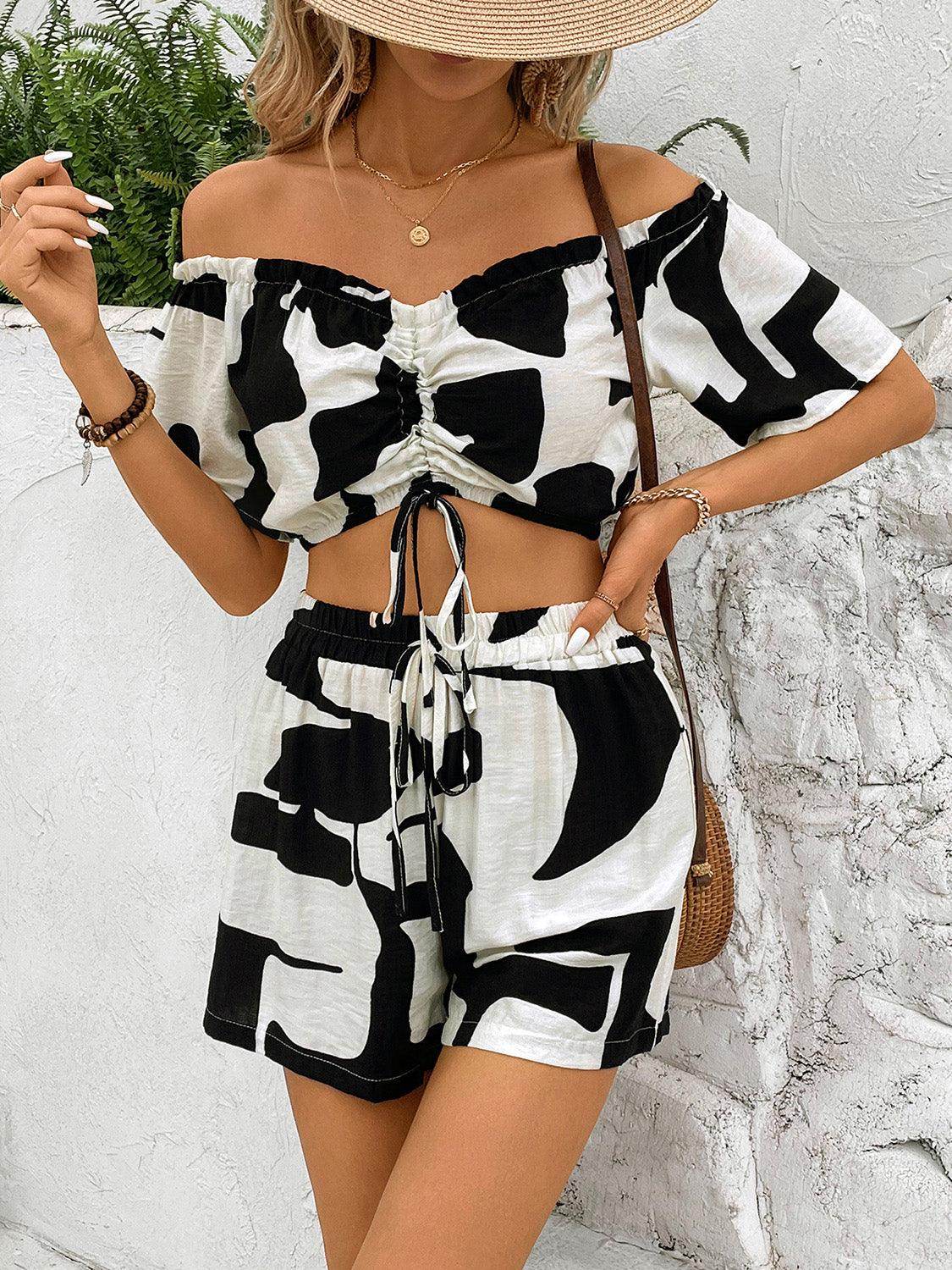 Perfee Drawstring Off-Shoulder Top and Shorts Set for Women - Selvanelle