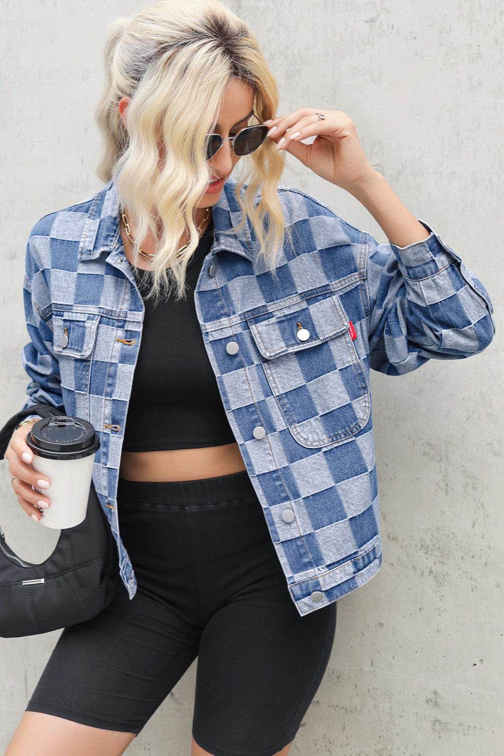 Checkered Button Up Long Sleeve Denim Jacket for Women - Selvanelle
