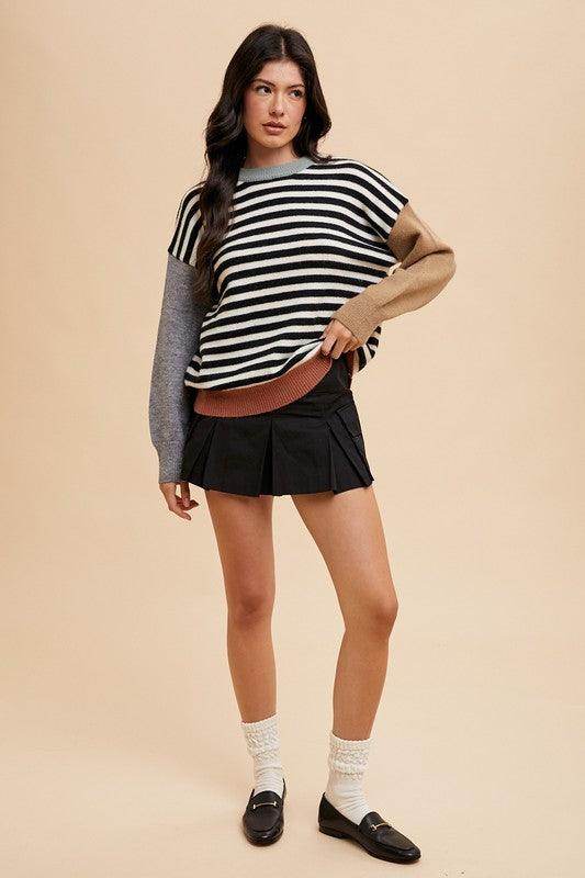 Annie Wear Striped Color Block Round Neck Sweater for Women - Selvanelle
