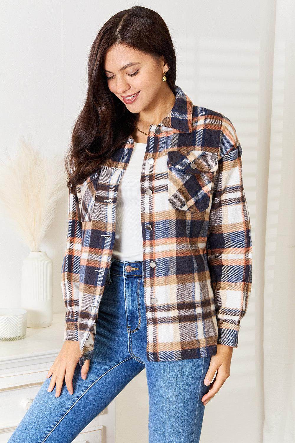 Double Take Plaid Button Front Shirt Jacket with Breast Pockets - Selvanelle
