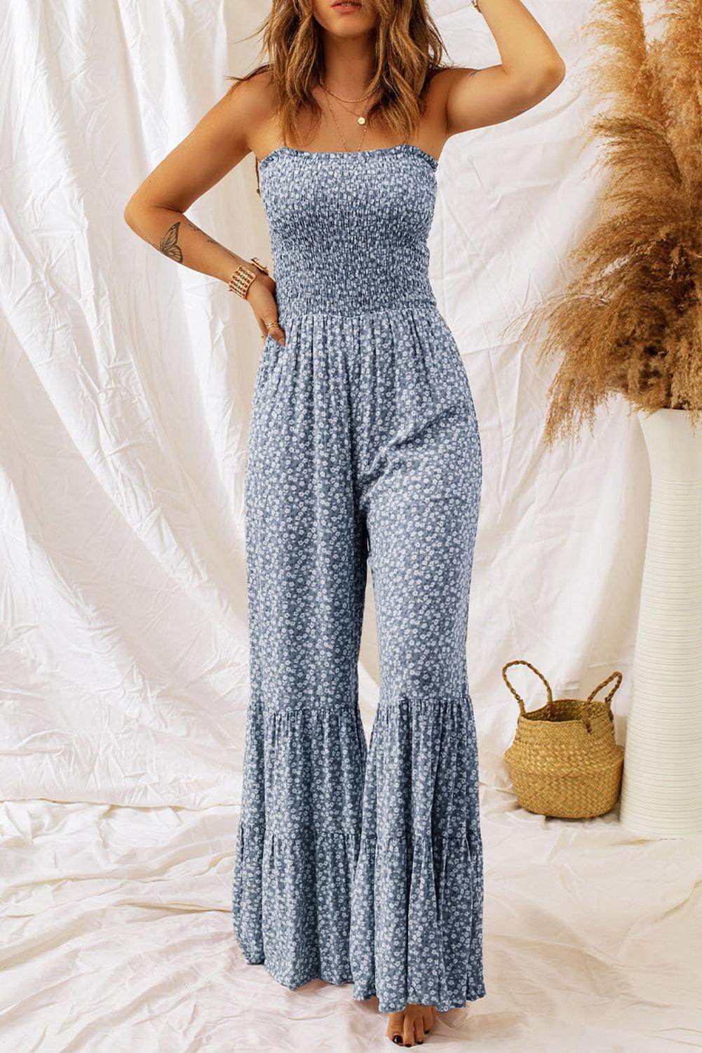 Smocked Printed Wide Strap Jumpsuit for Women Fashion - Selvanelle