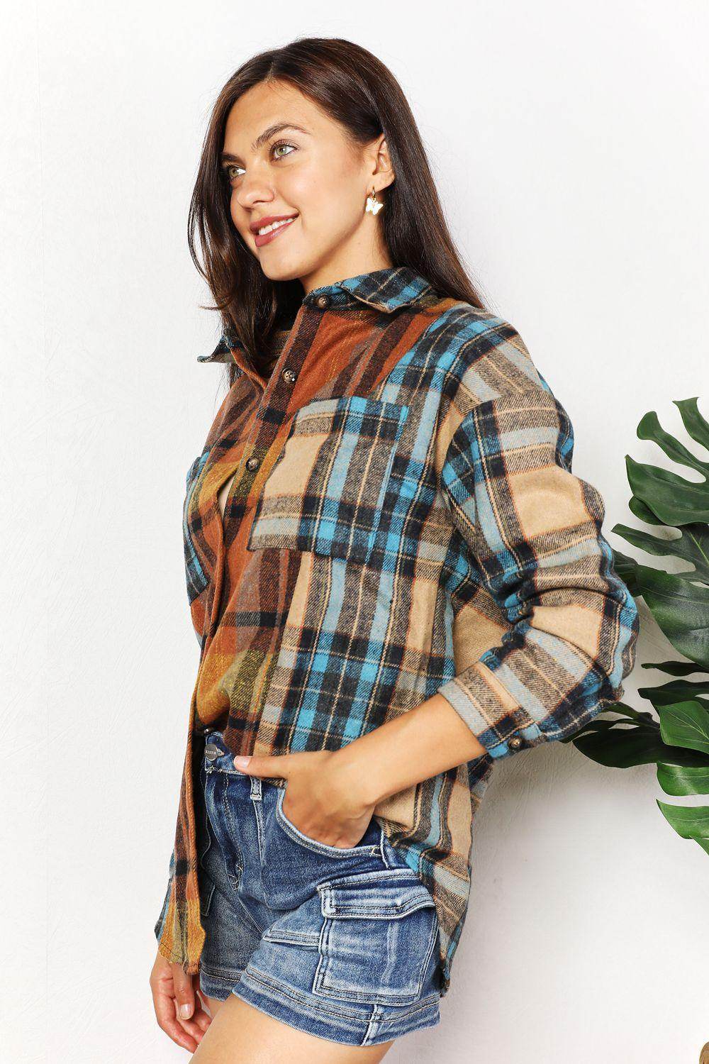 Double Take Plaid Curved Hem Shirt Jacket with Breast Pockets - Selvanelle