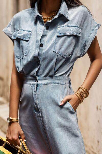 Slit Pocketed Half Button Denim Dress for Casual Style - Selvanelle