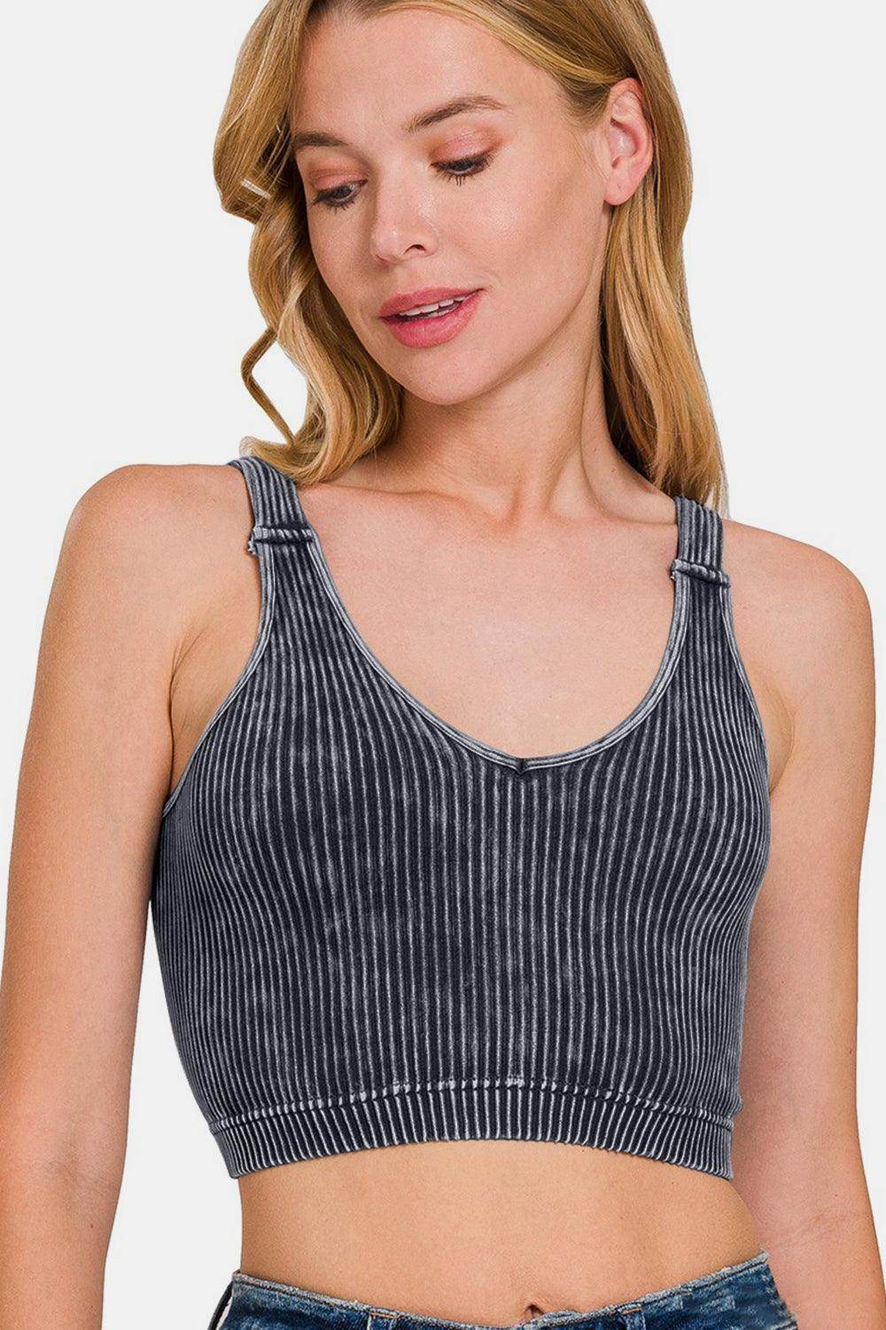 Zenana Washed Ribbed Cropped V-Neck Tank Top for Women - Selvanelle