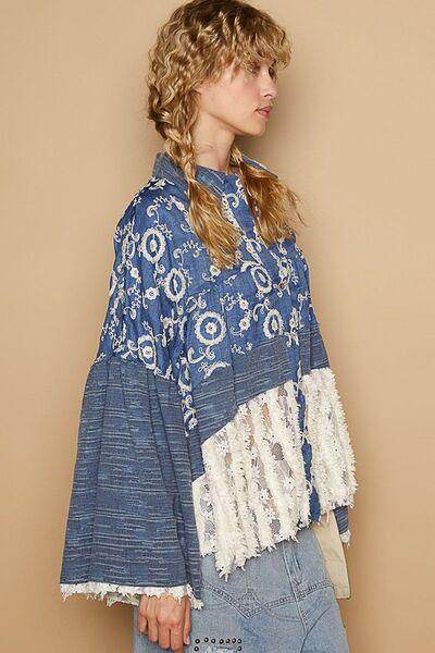 POL Lace Hem Embroidered Long Sleeve Shirt for Women - Selvanelle