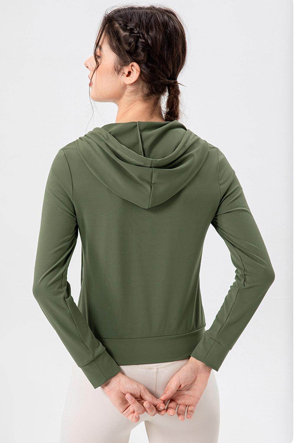 Drawstring Zip Up Hooded Active Outerwear for Women - Selvanelle