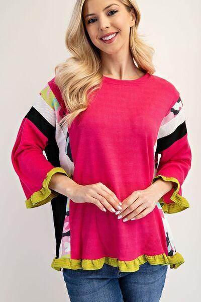 Celeste Full Size Ruffle Sleeve Color Block Top Plus Size - Selvanelle