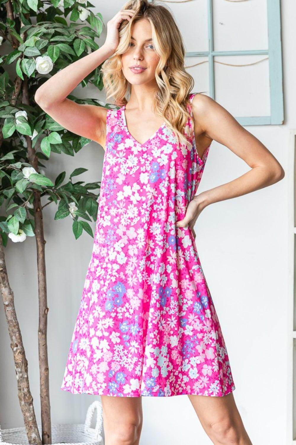 Heimish Full Size Floral V-Neck Tank Dress with Pockets - Selvanelle