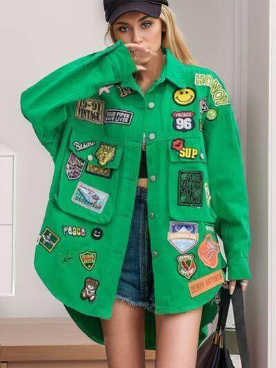 Embroidered Patch Button Up Long Sleeve Denim Jacket for Women - Selvanelle