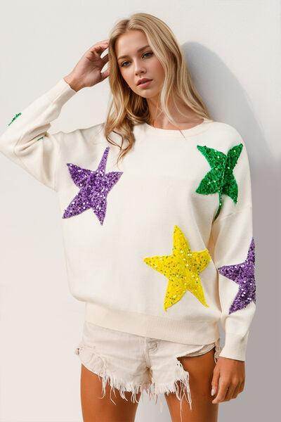 Double Take Sequin Star Round Neck Dropped Shoulder Sweater - Selvanelle