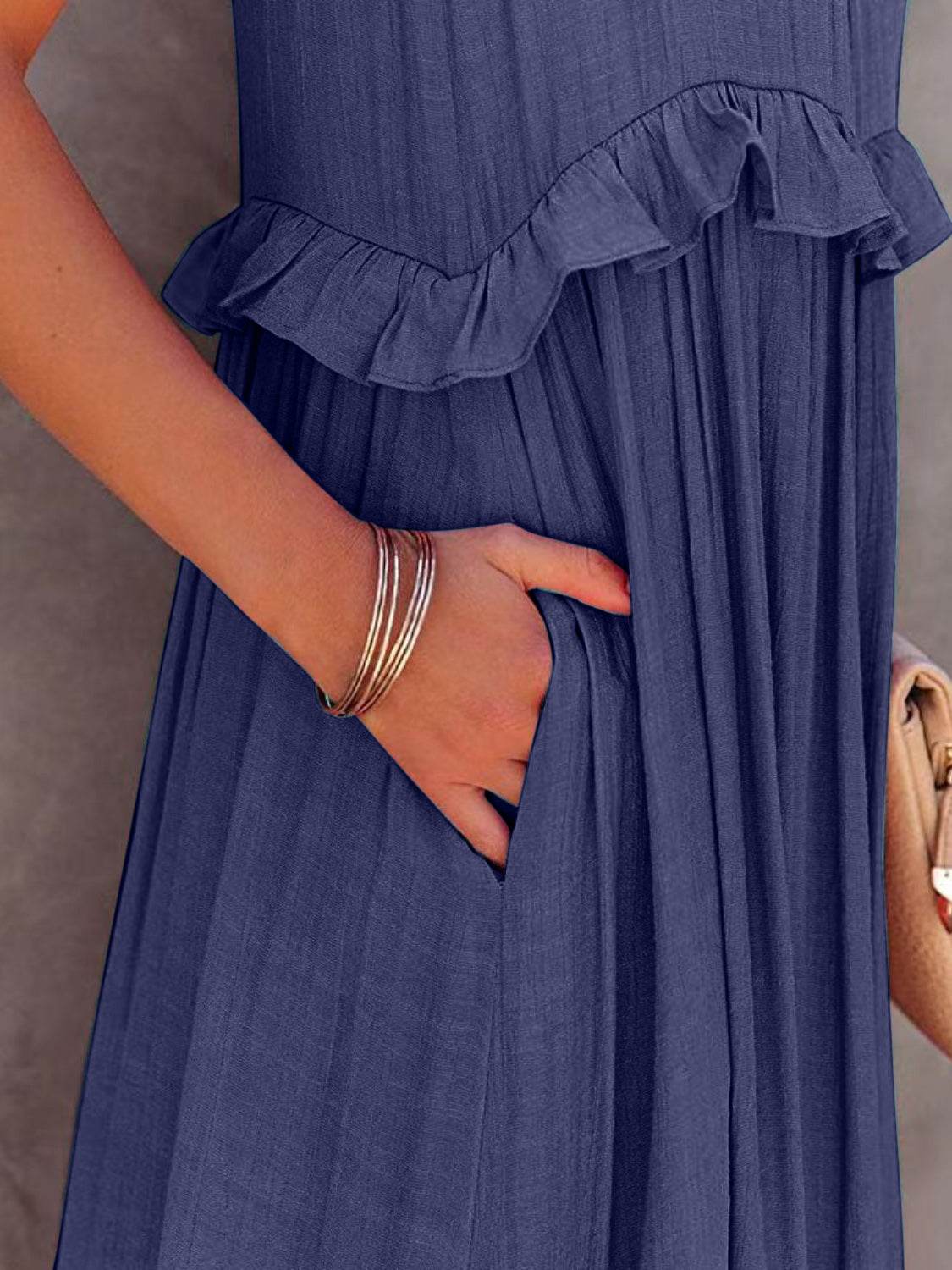Ruffled Sleeveless Tiered Maxi Dress with Pockets - Selvanelle