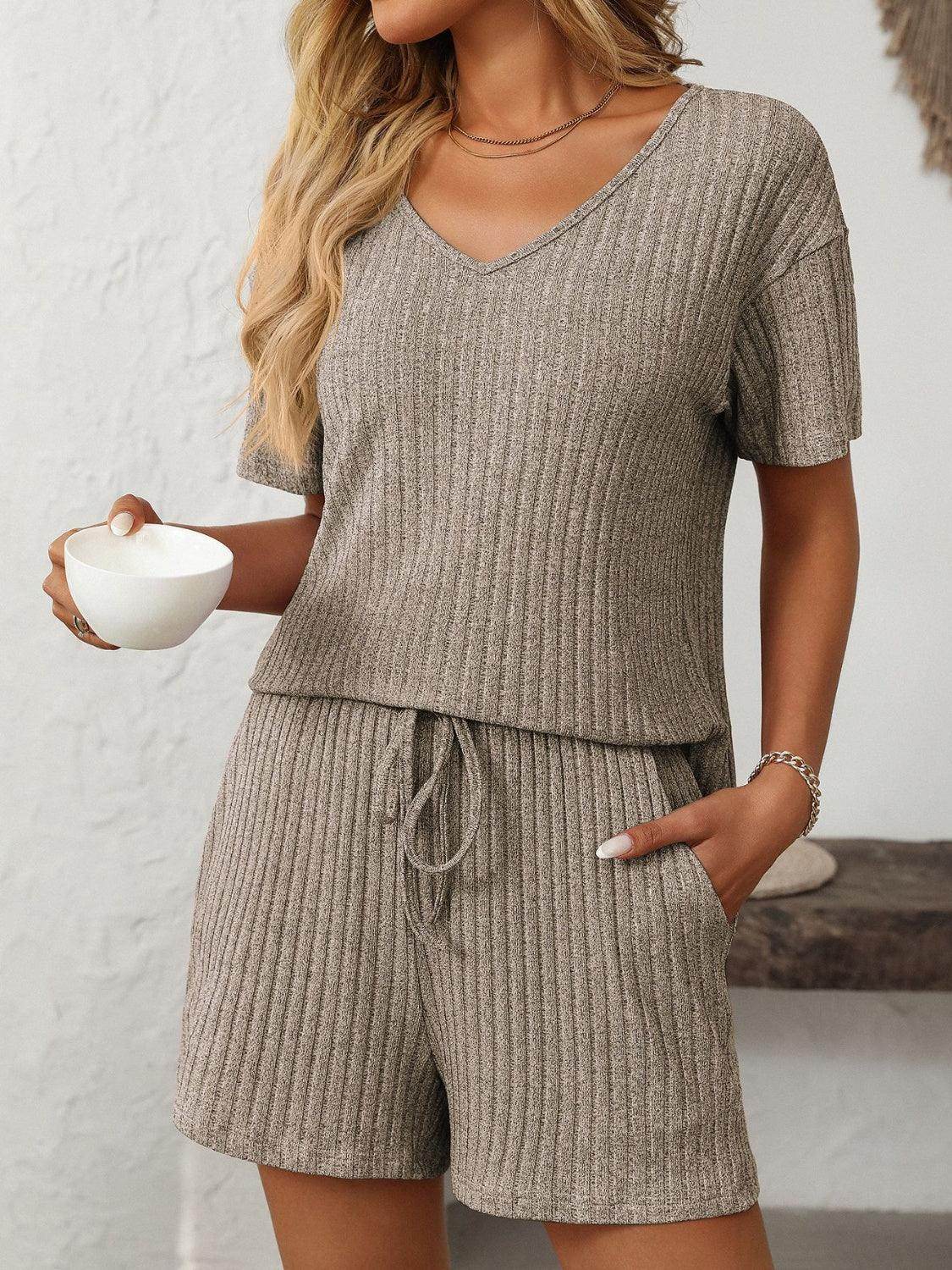 Mandy V-Neck Short Sleeve Top and Shorts Set for Women - Selvanelle