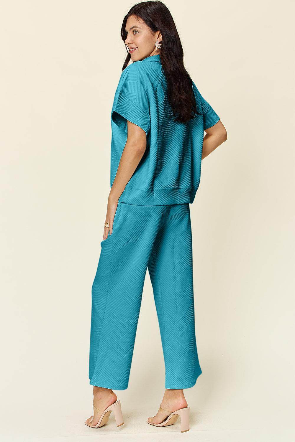 Double Take Full Size Texture Half Zip Short Sleeve Top Set - Selvanelle