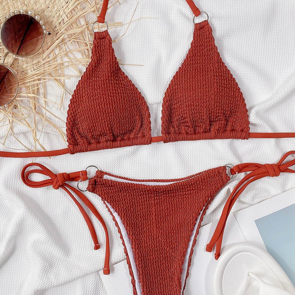 Textured Halter Neck Tie Side Bikini Set - Selvanelle