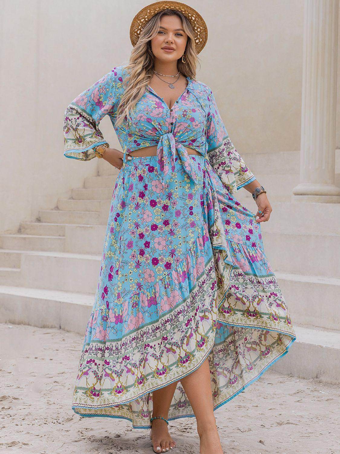 Plus Size Printed Tie Neck Top and Skirt Set for Women - Selvanelle