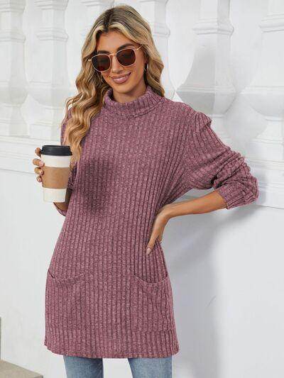 Ribbed Mock Neck Long Sleeve T-Shirt for Women Stylish Wear - Selvanelle