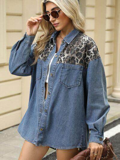 Leopard Button Up Long Sleeve Denim Jacket for Women - Selvanelle