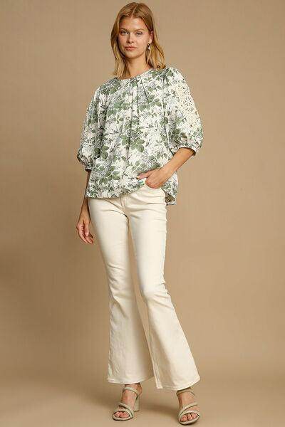 Umgee Floral Pleated Detail Lace Trim Sleeve Blouse Women - Selvanelle