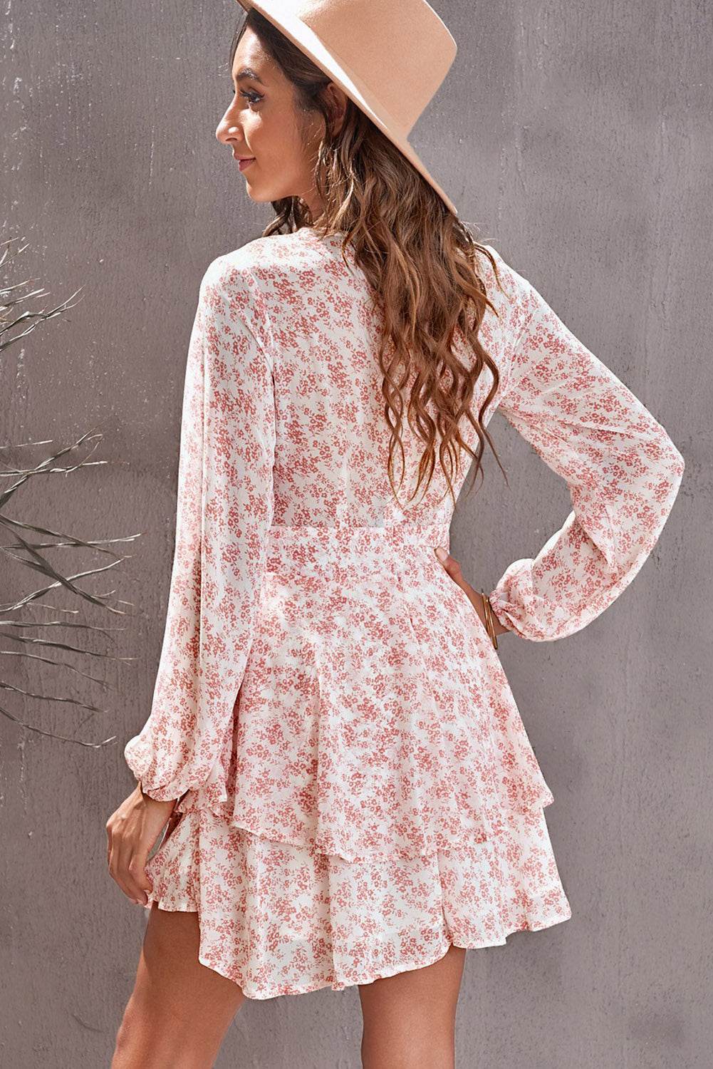 Floral Surplice Balloon Sleeve Layered Dress - Selvanelle
