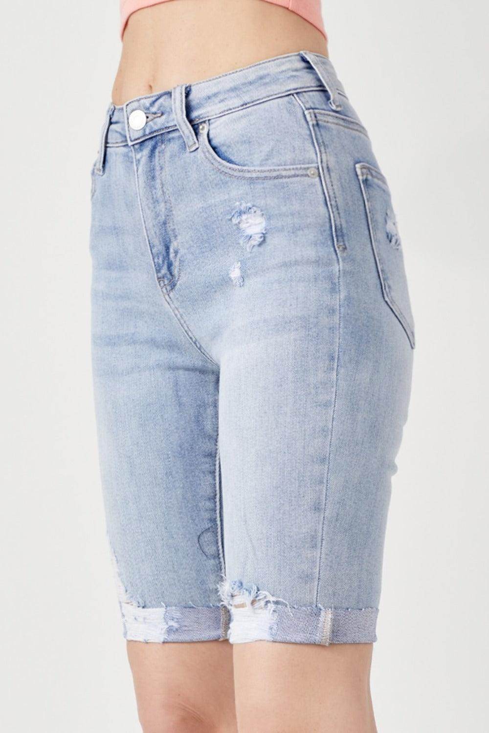 RISEN High Rise Distressed Denim Bermuda Shorts for Women - Selvanelle