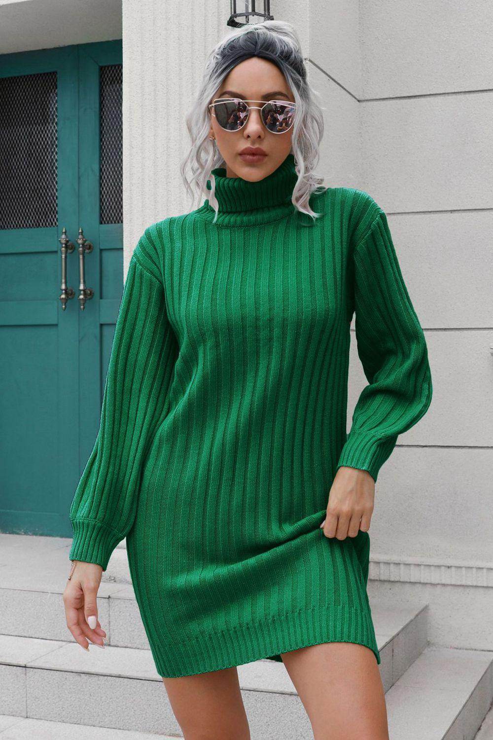 Ribbed Turtle Neck Long Sleeve Mini Sweater Dress for Women - Selvanelle